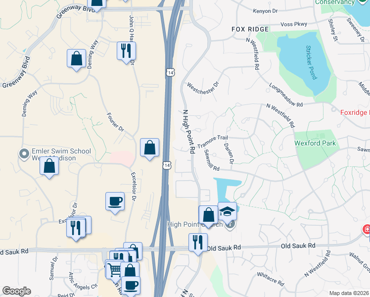map of restaurants, bars, coffee shops, grocery stores, and more near 1102 North High Point Road in Madison