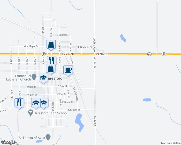 map of restaurants, bars, coffee shops, grocery stores, and more near 105 Northeast 13th Street in Beresford