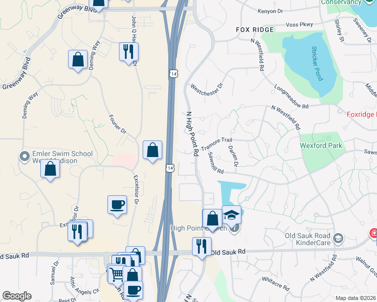 map of restaurants, bars, coffee shops, grocery stores, and more near 1124 North High Point Road in Madison