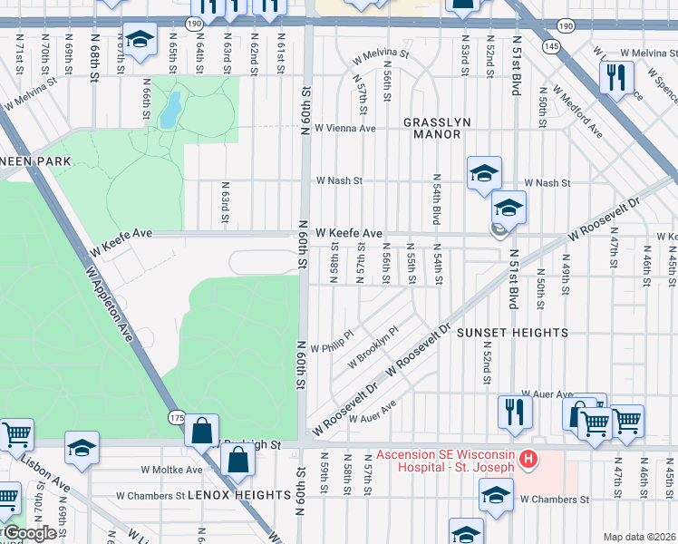 map of restaurants, bars, coffee shops, grocery stores, and more near 3428 North 58th Street in Milwaukee