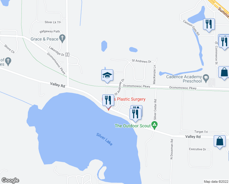 map of restaurants, bars, coffee shops, grocery stores, and more near 1622 Saint Andrews Drive in Oconomowoc