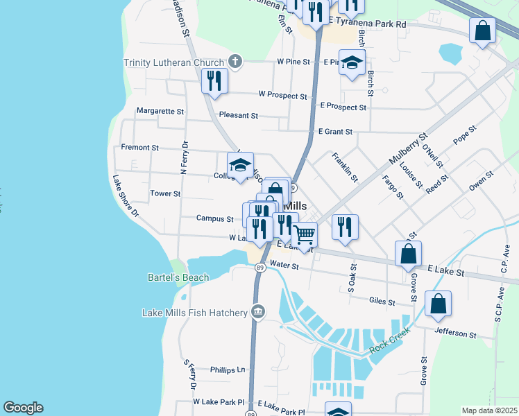 map of restaurants, bars, coffee shops, grocery stores, and more near in Lake Mills