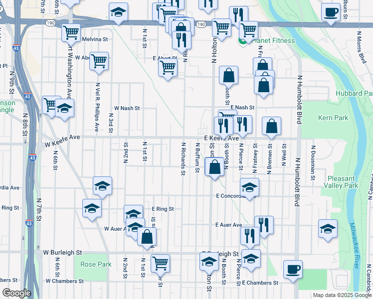 map of restaurants, bars, coffee shops, grocery stores, and more near 3448 North Richards Street in Milwaukee