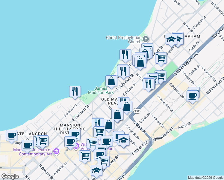 map of restaurants, bars, coffee shops, grocery stores, and more near 614 East Johnson Street in Madison