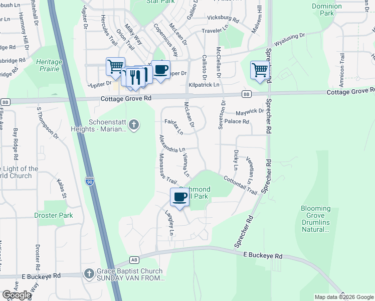map of restaurants, bars, coffee shops, grocery stores, and more near 1301 Alexandria Lane in Madison