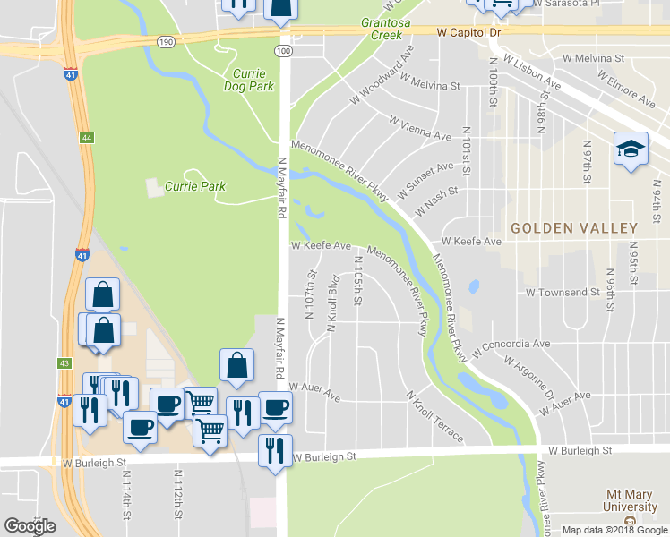 map of restaurants, bars, coffee shops, grocery stores, and more near 3383 North Knoll Boulevard in Wauwatosa