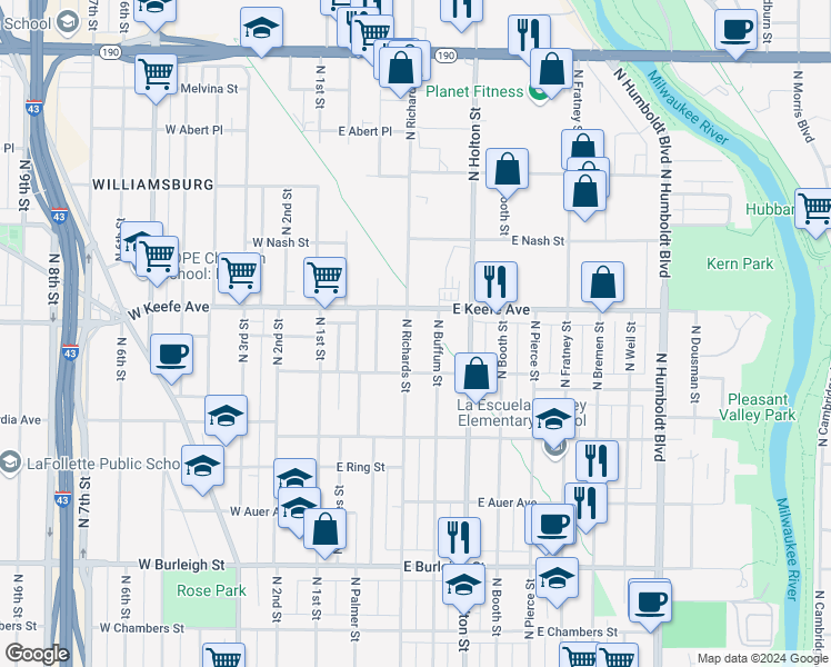 map of restaurants, bars, coffee shops, grocery stores, and more near 3450 North Richards Street in Milwaukee