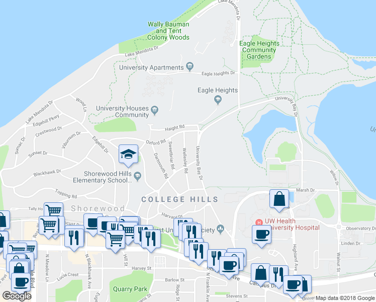 map of restaurants, bars, coffee shops, grocery stores, and more near 1223 Wellesley Road in Madison