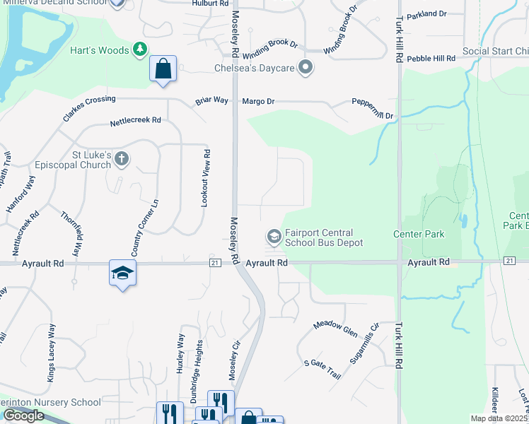 map of restaurants, bars, coffee shops, grocery stores, and more near 9 Hadley Drive in Fairport