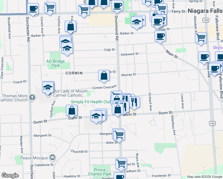 map of restaurants, bars, coffee shops, grocery stores, and more near 6445 Drummond Road in Niagara Falls