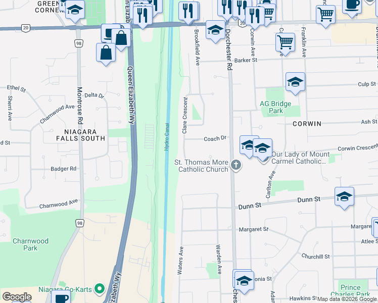 map of restaurants, bars, coffee shops, grocery stores, and more near 7123 McMillan Drive in Niagara Falls