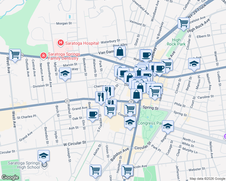 map of restaurants, bars, coffee shops, grocery stores, and more near Franklin Street in Saratoga Springs