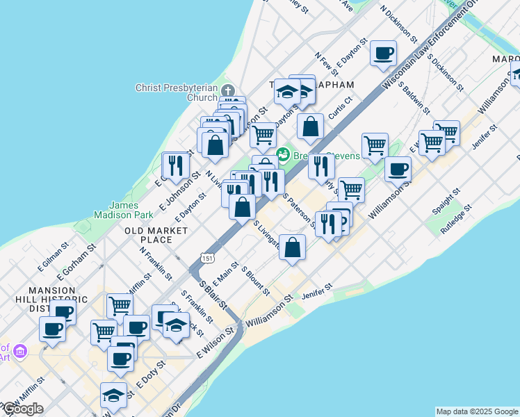 map of restaurants, bars, coffee shops, grocery stores, and more near 821 East Washington Avenue in Madison