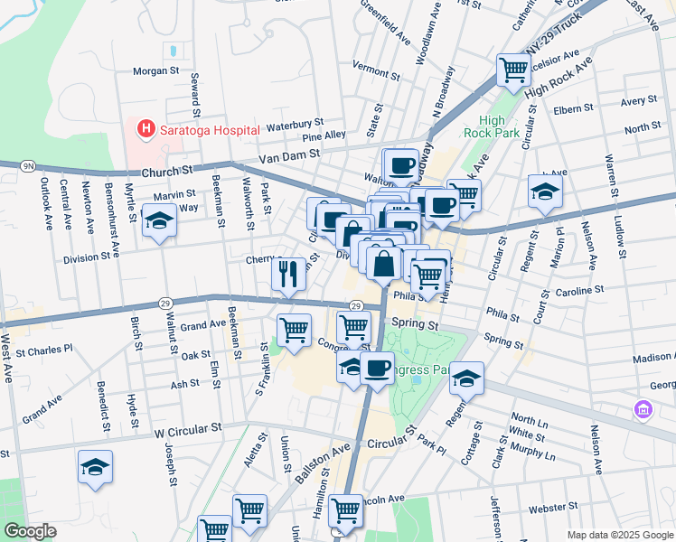 map of restaurants, bars, coffee shops, grocery stores, and more near 70 Railroad Place in Saratoga Springs