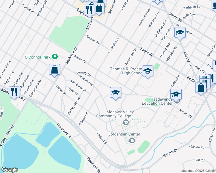 map of restaurants, bars, coffee shops, grocery stores, and more near 934 Armory Drive in Utica