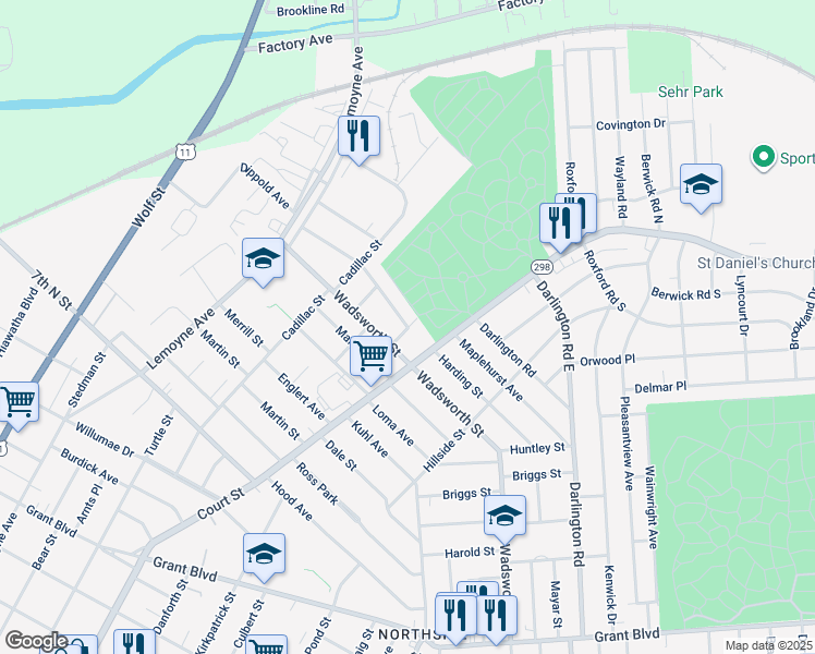map of restaurants, bars, coffee shops, grocery stores, and more near 101 Harford Road in Syracuse