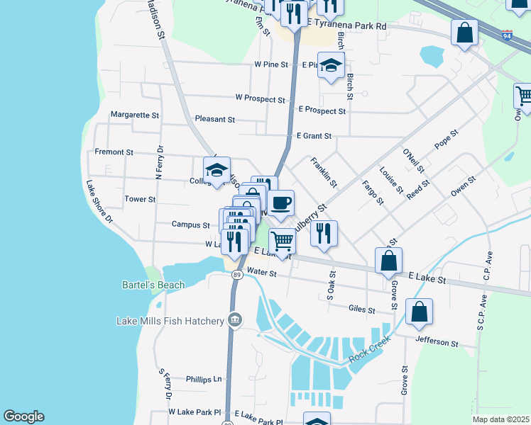 map of restaurants, bars, coffee shops, grocery stores, and more near 102 E Madison St in Lake Mills