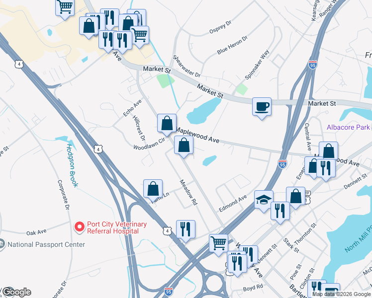 map of restaurants, bars, coffee shops, grocery stores, and more near 7 Fairview Drive in Portsmouth