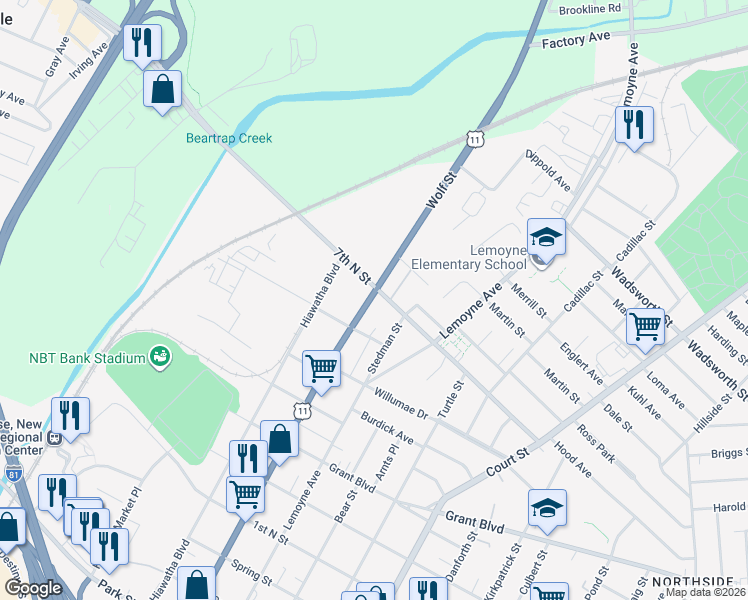 map of restaurants, bars, coffee shops, grocery stores, and more near in Syracuse