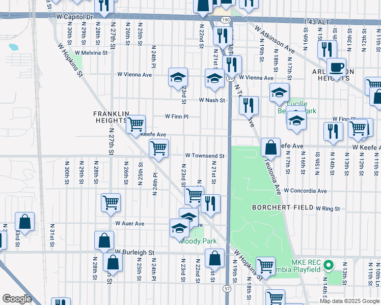 map of restaurants, bars, coffee shops, grocery stores, and more near 2222 West Townsend Street in Milwaukee
