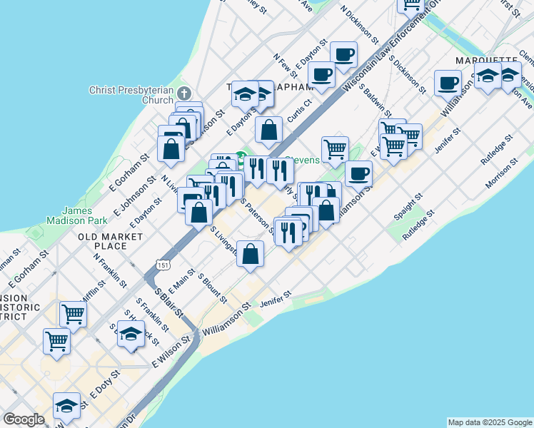 map of restaurants, bars, coffee shops, grocery stores, and more near 109 South Paterson Street in Madison
