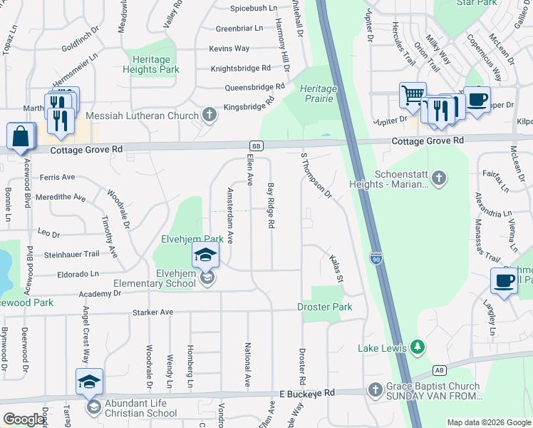 map of restaurants, bars, coffee shops, grocery stores, and more near 1202 Bay Ridge Road in Madison