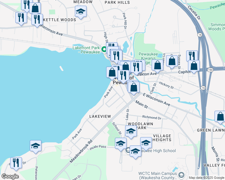 map of restaurants, bars, coffee shops, grocery stores, and more near 206 Park Avenue in Pewaukee