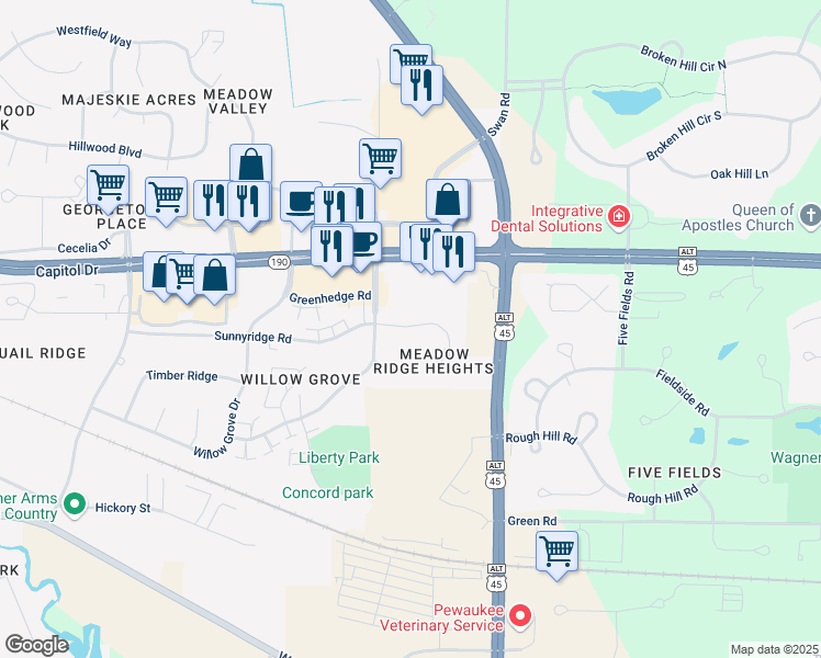 map of restaurants, bars, coffee shops, grocery stores, and more near 1436 Sunnyridge Road in Pewaukee