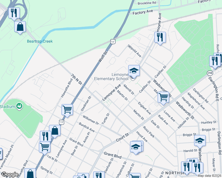 map of restaurants, bars, coffee shops, grocery stores, and more near 301 Martin Street in Syracuse