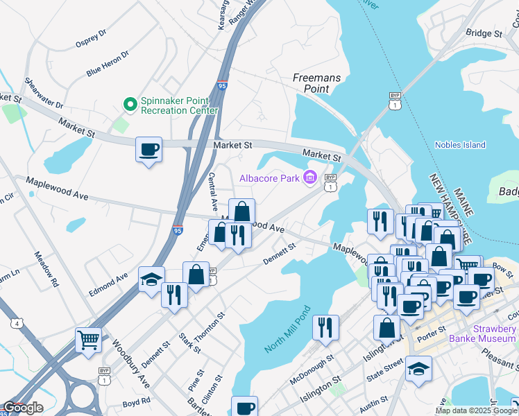 map of restaurants, bars, coffee shops, grocery stores, and more near 122 Leslie Drive in Portsmouth
