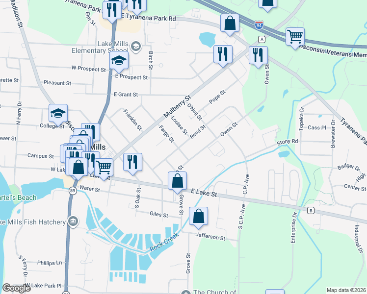 map of restaurants, bars, coffee shops, grocery stores, and more near 602 Reed Street in Lake Mills