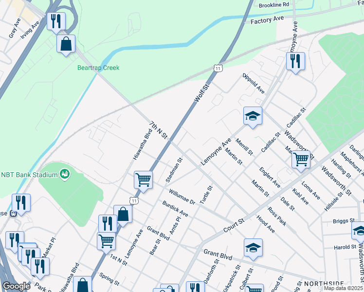 map of restaurants, bars, coffee shops, grocery stores, and more near 412 7th N St in Syracuse