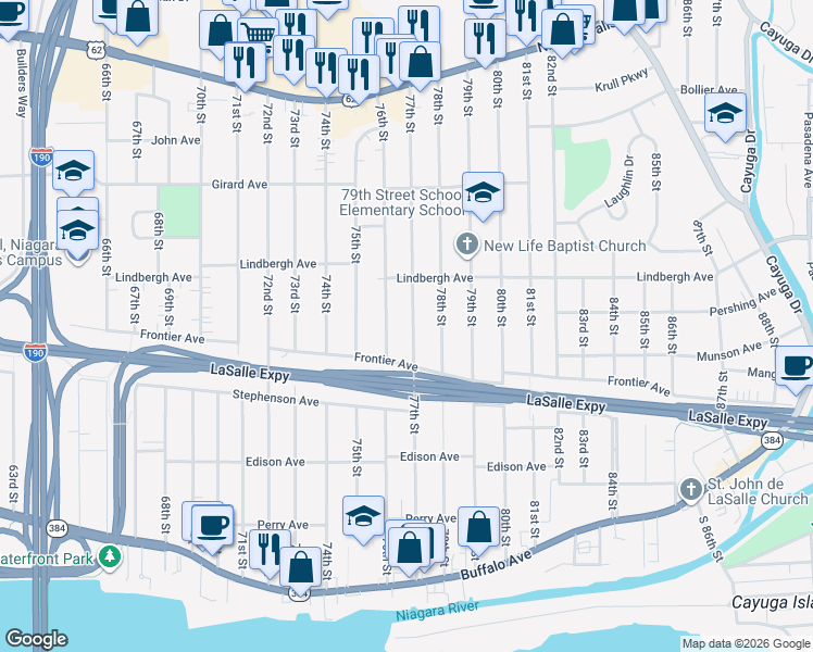 map of restaurants, bars, coffee shops, grocery stores, and more near 448 77th Street in Niagara Falls