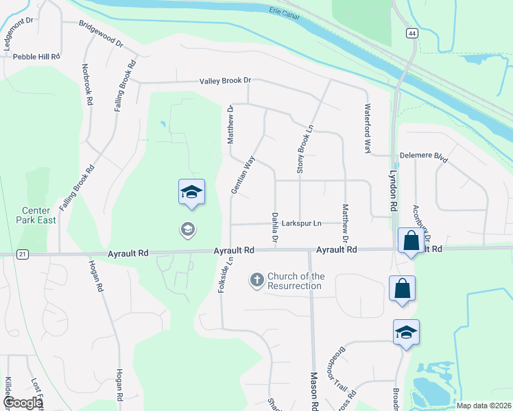 map of restaurants, bars, coffee shops, grocery stores, and more near 5 Bayberry Circle in Fairport