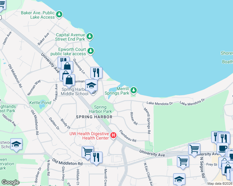 map of restaurants, bars, coffee shops, grocery stores, and more near 5140 Spring Court in Madison