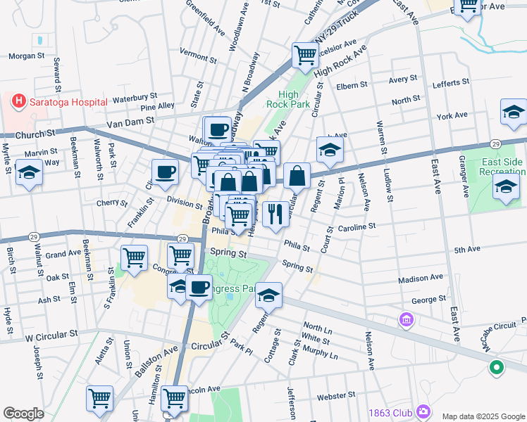 map of restaurants, bars, coffee shops, grocery stores, and more near 66 Caroline Street in Saratoga Springs