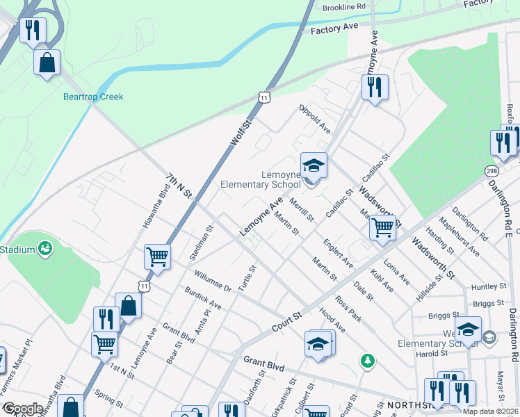 map of restaurants, bars, coffee shops, grocery stores, and more near 301 Martin Street in Syracuse