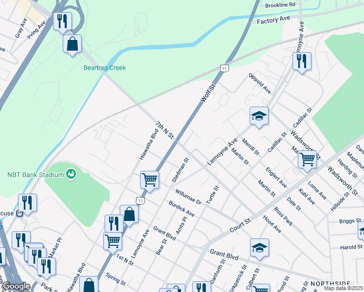 map of restaurants, bars, coffee shops, grocery stores, and more near 412 7th North Street in Syracuse