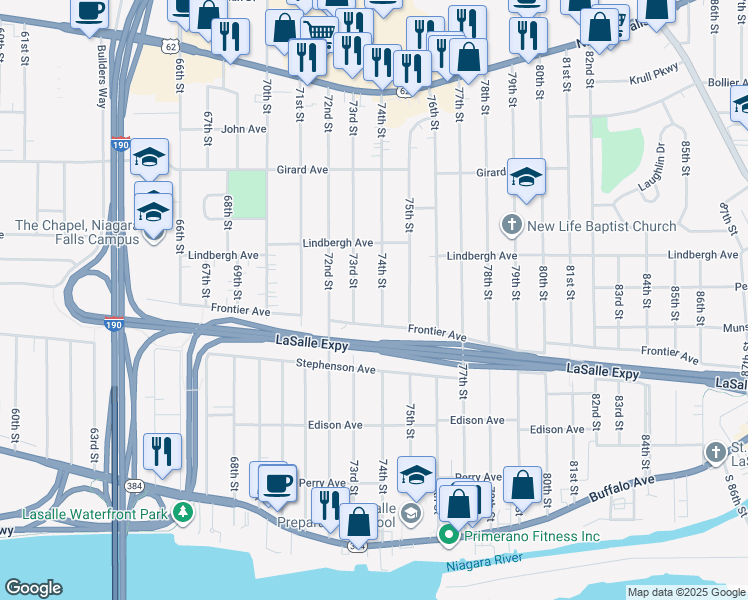 map of restaurants, bars, coffee shops, grocery stores, and more near 432 74th Street in Niagara Falls