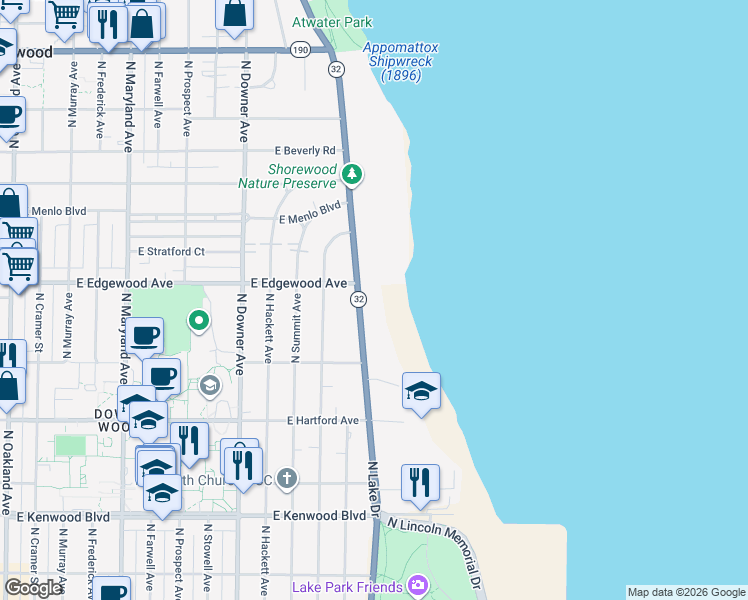 map of restaurants, bars, coffee shops, grocery stores, and more near 3510 North Lake Drive in Milwaukee
