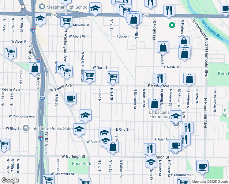 map of restaurants, bars, coffee shops, grocery stores, and more near 3456 North 1st Street in Milwaukee