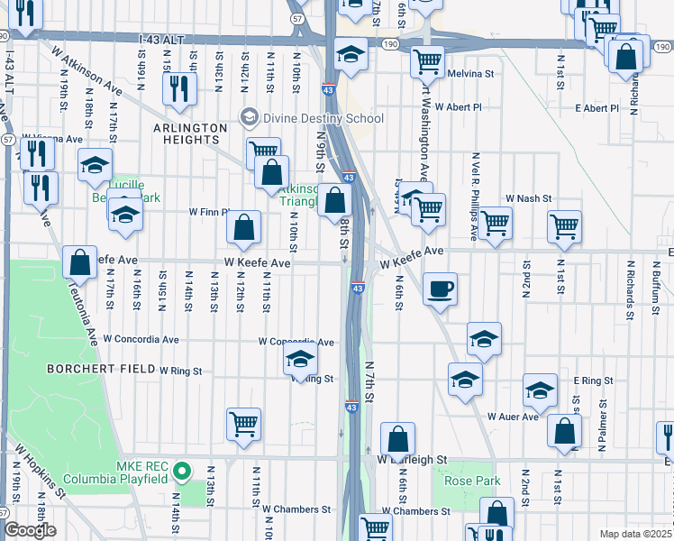 map of restaurants, bars, coffee shops, grocery stores, and more near 3461 North 8th Street in Milwaukee