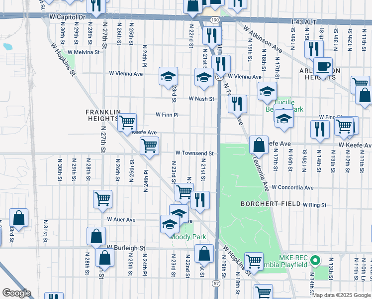 map of restaurants, bars, coffee shops, grocery stores, and more near 2222 West Townsend Street in Milwaukee