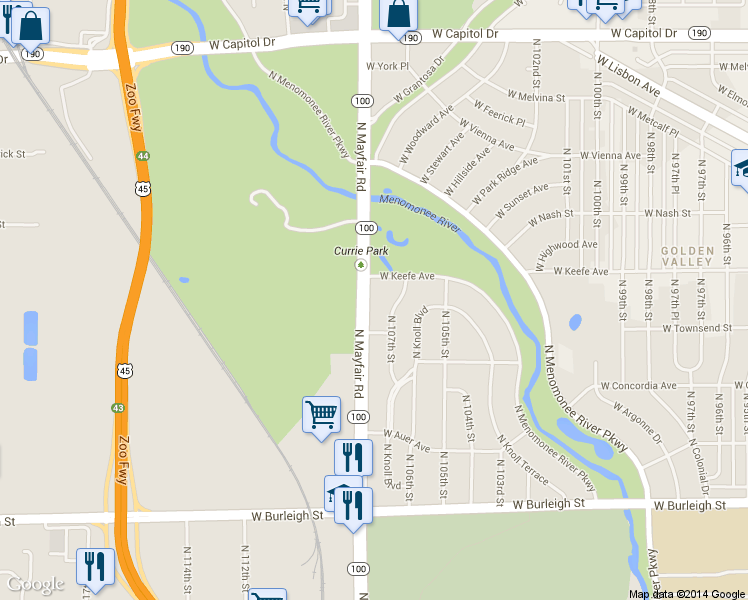 map of restaurants, bars, coffee shops, grocery stores, and more near 3443 North 107th Street in Wauwatosa