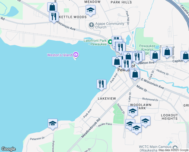 map of restaurants, bars, coffee shops, grocery stores, and more near 329 1/2 Park Avenue in Pewaukee