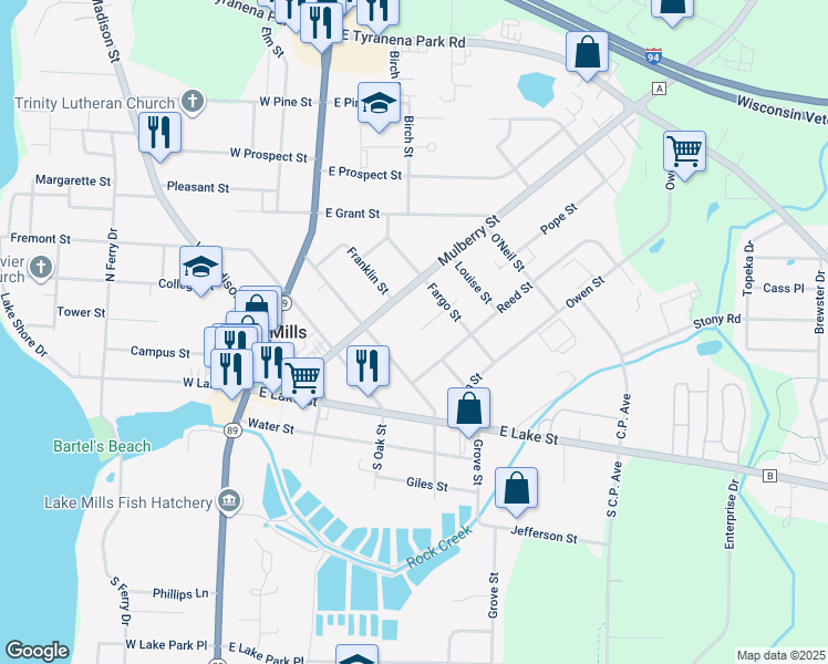 map of restaurants, bars, coffee shops, grocery stores, and more near 400 Browns Court in Lake Mills