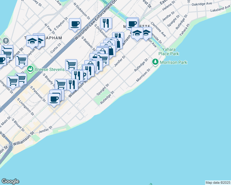 map of restaurants, bars, coffee shops, grocery stores, and more near 1215 Rutledge Street in Madison