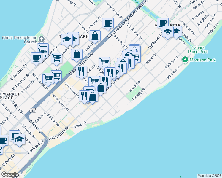map of restaurants, bars, coffee shops, grocery stores, and more near 1030 Williamson Street in Madison