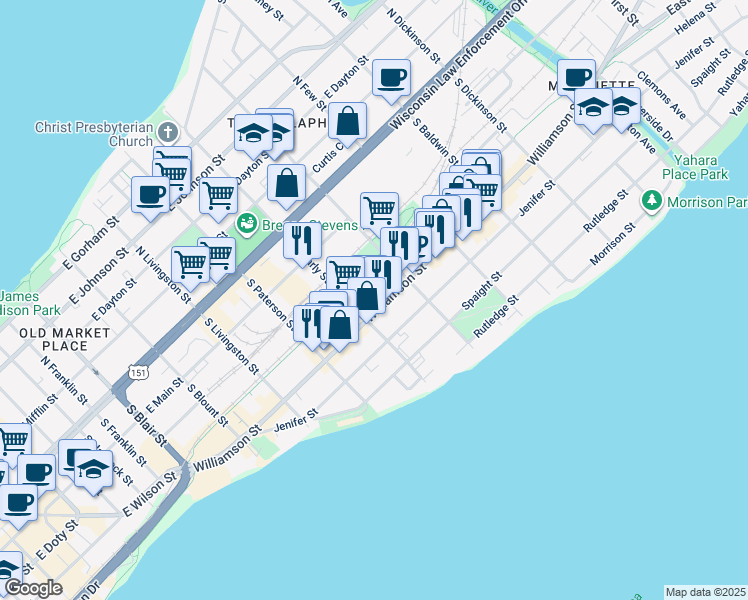 map of restaurants, bars, coffee shops, grocery stores, and more near 1030 Williamson Street in Madison