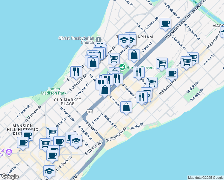 map of restaurants, bars, coffee shops, grocery stores, and more near 821 East Washington Avenue in Madison